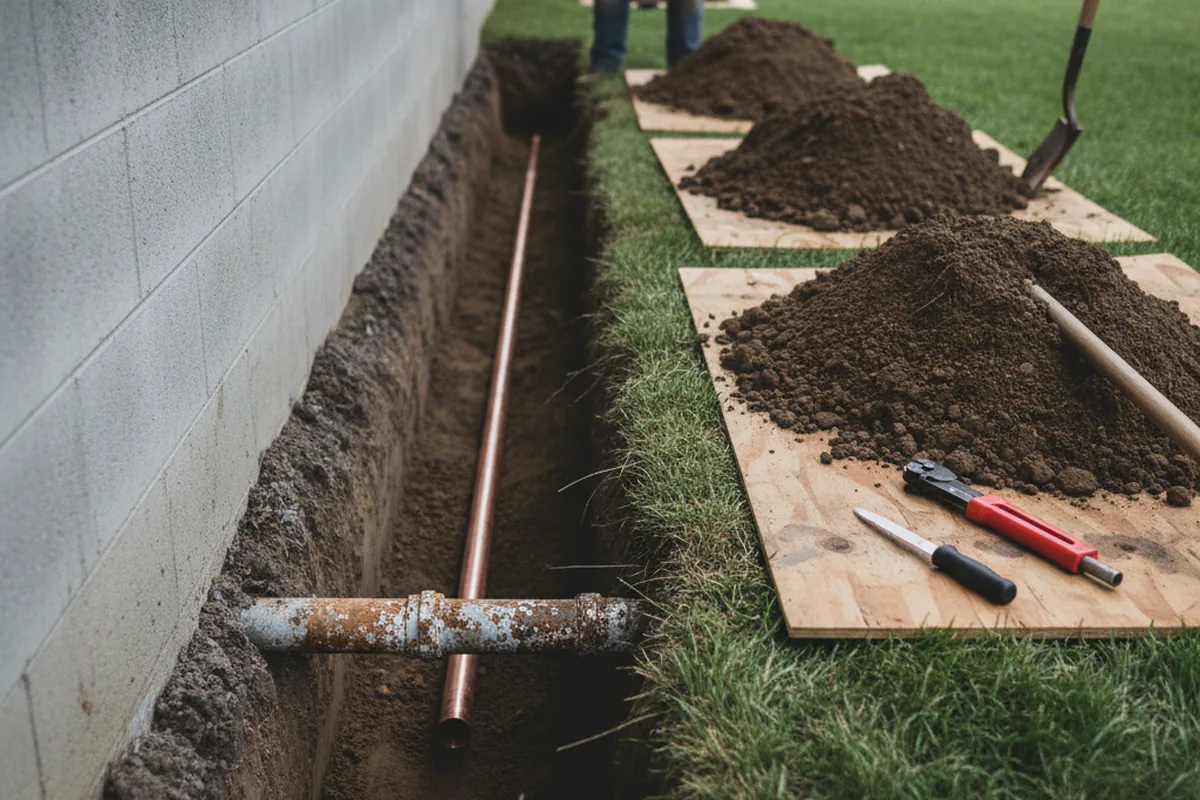 Excavated water line trench during Sewer Line Repair in Laurens